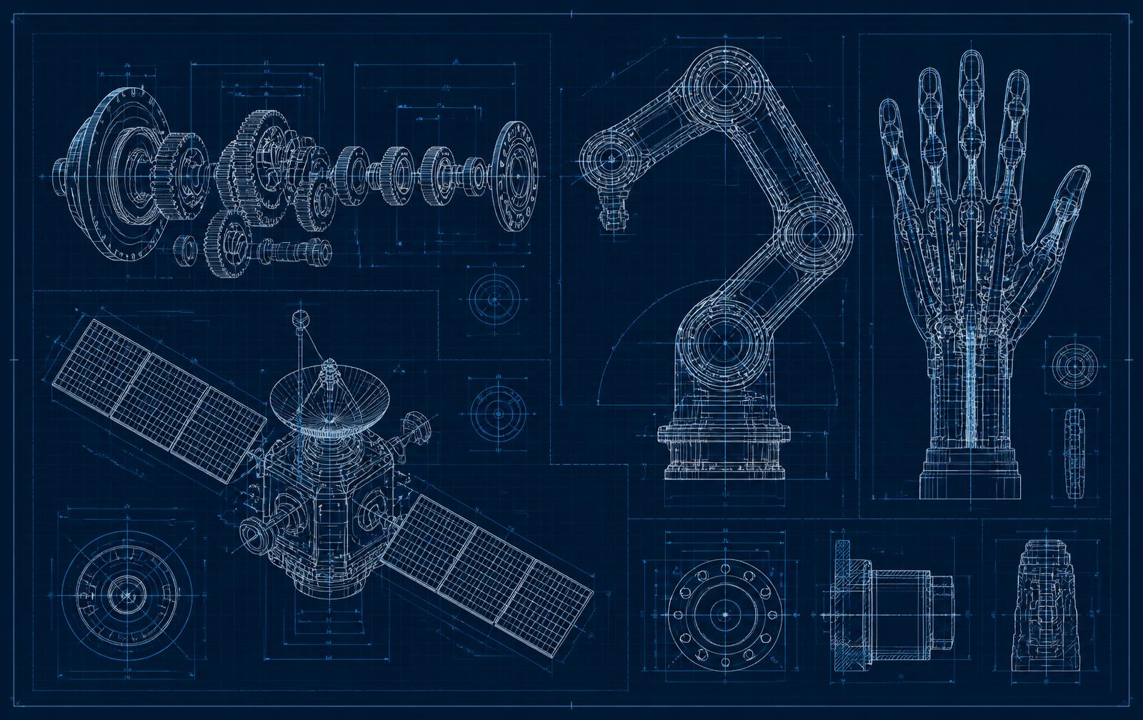 Blueprint line drawings of gear trains, a robotic arm, a satellite, and a prosthetic hand